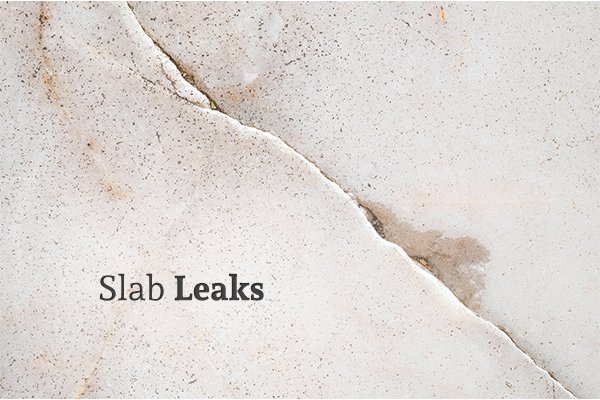 A crack in the cement with water leaking through beside the words "Slab Leaks"