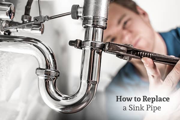 A man is fixing a sink pipe with a wrench, with the words, how to replace a sink pipe