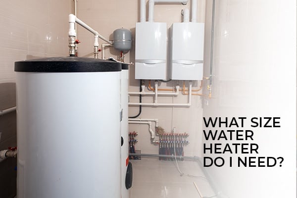 A water heater inside of a home with the words, what size water heater do I need?