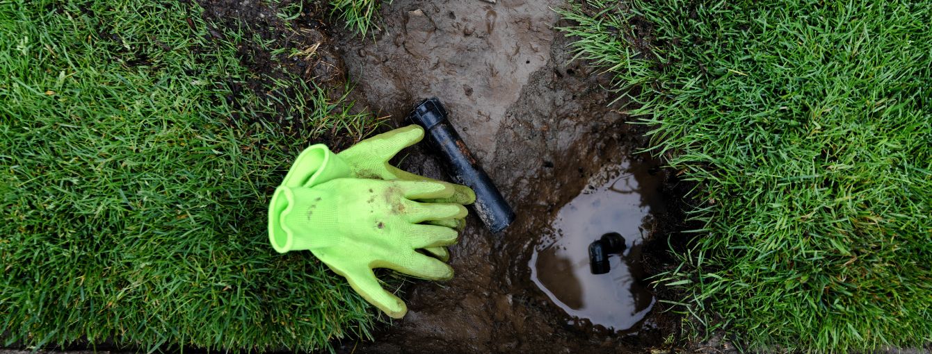 Work gloves next to a leaking sprinkler system.
