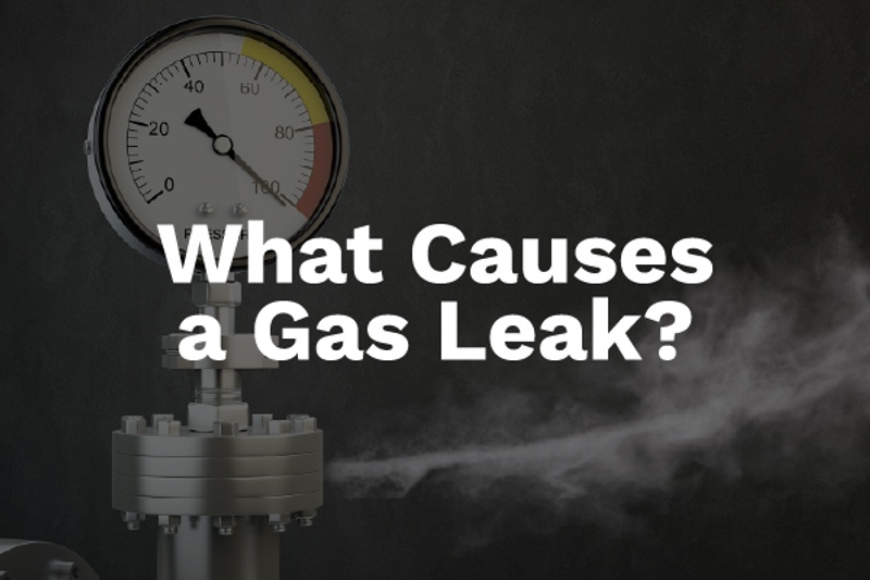 The text "What Causes a Gas Leak?" in front of a picture of a meter.